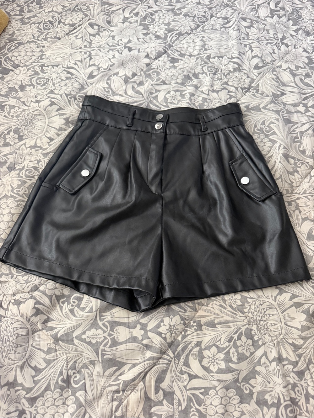 Love Tree Black Faux Leather High-Waist Shorts with Snap Pockets